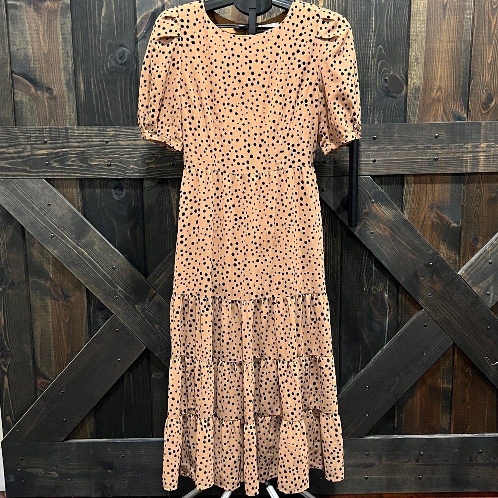 BB Dakota Polka Dot Tiered Midi Dress 2 Tan Puff Sleeve Boho‎ Cottage Core